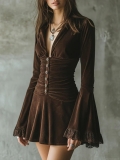 Women Velvet Bell Sleeve Dress Vintage Sexy V-Neck Button Slim Fit Long Sleeve Lace Trim Autumn Winter Party Mini Midi Dress For Women