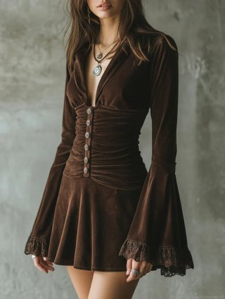 Women Velvet Bell Sleeve Dress Vintage Sexy V-Neck Button Slim Fit Long Sleeve Lace Trim Autumn Winter Party Mini Midi Dress For Women
