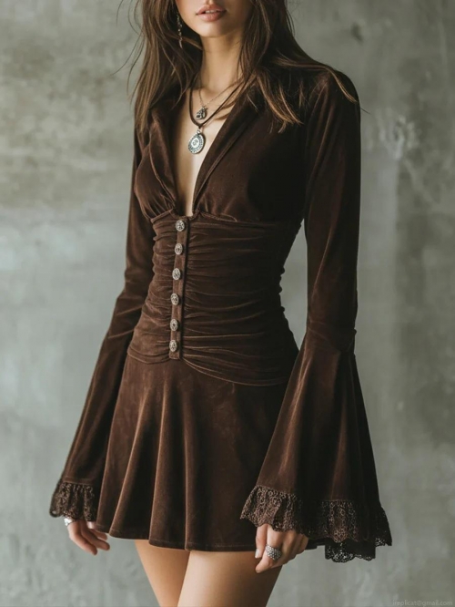 Women Velvet Bell Sleeve Dress Vintage Sexy V-Neck Button Slim Fit Long Sleeve Lace Trim Autumn Winter Party Mini Midi Dress For Women