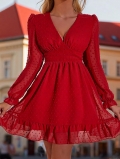 French Vintage Red Swiss Dot V-Neck Mini Dress Long Lantern Sleeve Ruffle Hem Chiffon Vacation Dress For Women Elegant A-Line Short Dress