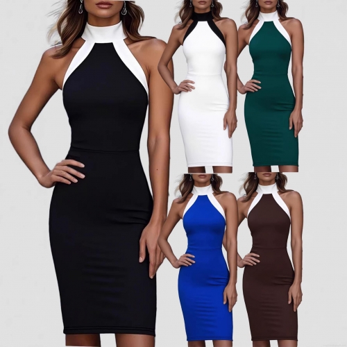 Sexy Halter Neck Color Block Bodycon Dress Women Sleeveless Slim Fit Mini Pencil Dress Urban Fashion Streetwear Night Out Party Contrast Dress