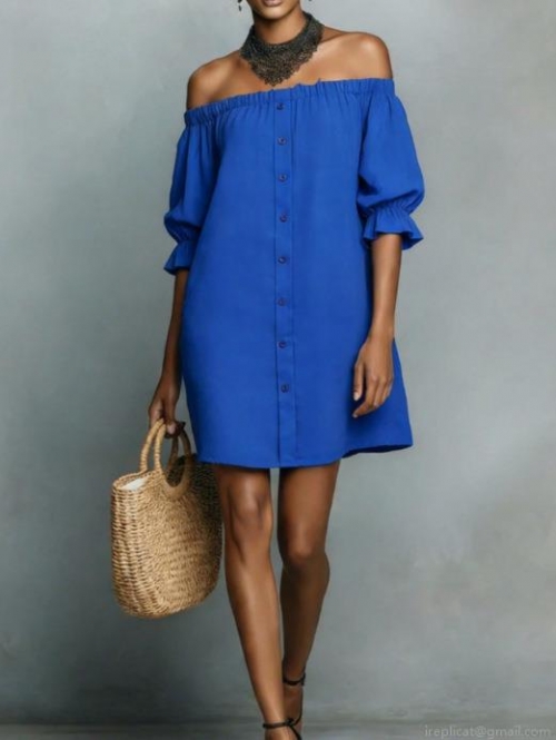 Women's Sexy Off-Shoulder Button Front Mini Dress Polyester Solid Color Lantern Sleeve Ruffle Cuff Casual Vacation Summer Dress