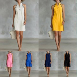 Women's Sleeveless Polo Mini Dress Cotton Blend Sporty Casual Contrast Stripe Button Up Tennis Style Sundress for Summer Daily Leisure