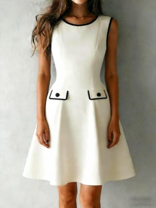 Women's Elegant Sleeveless A-Line Mini Dress Contrast Piping Patchwork Slim Fit Vest Dress For Office Date Party Ladies Fashion