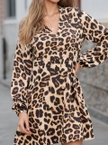 Women Leopard Print Shirt Dress Long Sleeve V-Neck Loose Button Mini Dress Casual Streetwear Sexy Spring Summer Polyester Spandex Blouse Top For Women