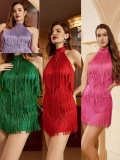 Women Sexy Halter Tassel Mini Dress Sequins Glitter Fringe Bodycon Sleeveless Party Evening Clubwear Dress Elegant Short Sundress