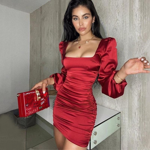 Women's Sexy Ruched Satin Mini Dress Square Neck Long Puff Sleeve Open Back Bodycon Party Club Evening Elegant Dress