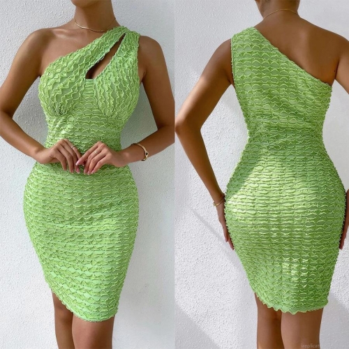 Women's Sexy One Shoulder Ruched Bodycon Mini Dress With Cut Out Detail Solid Green Sleeveless Spandex Polyester Party Clubwear Cocktail Pencil Short Dress