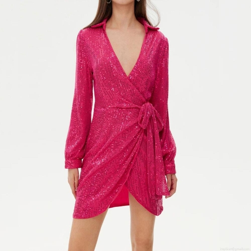 Women's Sequin Wrap Mini Dress V Neck Long Sleeve Glitter Party Bodycon Dress With Belt Elegant Cocktail Birthday Gown For Women Clubwear