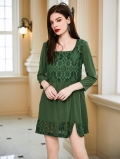 Women's Elegant Dark Green Lace Patchwork Dress Off-Shoulder Long Sleeve Side Slit Mini Dress Sexy Slim Fit Party Dress For Casual Dating