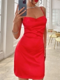 Women's Elegant Red Satin Cami Dress Sexy V Neck Bodycon Mini Party Dress Slim Fit Sleeveless Evening Night Club Slip Dress