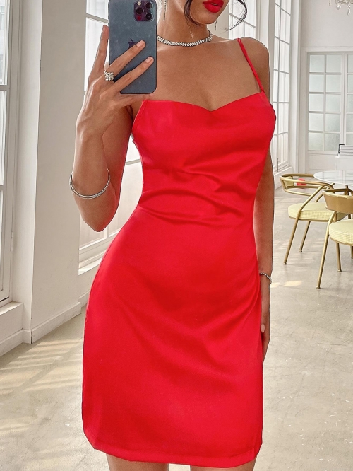 Women's Elegant Red Satin Cami Dress Sexy V Neck Bodycon Mini Party Dress Slim Fit Sleeveless Evening Night Club Slip Dress