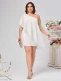 Women's Plus Size White One Shoulder Lace Chiffon Mini Dress Elegant Asymmetric Bodycon Party Dress Sexy Vacation Summer Sleeveless Wedding Guest Dress