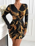 Women Baroque Gold Chain Print V-Neck Long Sleeve Bodycon Mini Dress Elegant Slim Fit Polyester Party Evening Dress Sexy Clubwear