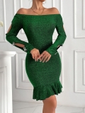 Elegant Sexy Green Shimmer Sequined Knit Bodycon Mini Dress For Women Off-Shoulder Long Sleeve Ruffle Hem Bow Detail Party Cocktail Wedding Evening Dress