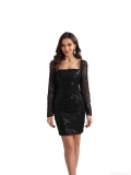 Women's Elegant Sexy Black Sequin Mini Dress Long Sleeve Square Neck Backless Strappy Slim Fit Lace Patchwork Bodycon Cocktail Party Evening Club Dresses