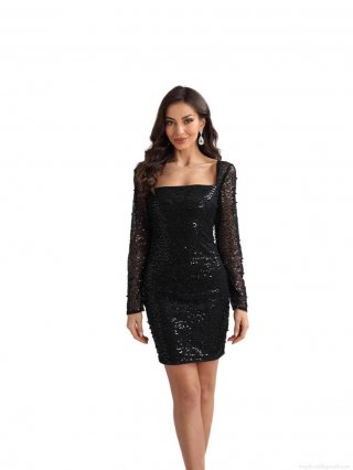 Women's Elegant Sexy Black Sequin Mini Dress Long Sleeve Square Neck Backless Strappy Slim Fit Lace Patchwork Bodycon Cocktail Party Evening Club Dresses