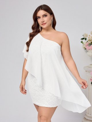 Plus Size One Shoulder Dress Women Elegant White Lace Chiffon Patchwork Asymmetric Layered Ruffle Bodycon Pencil Short Dress For Party Wedding Cocktail