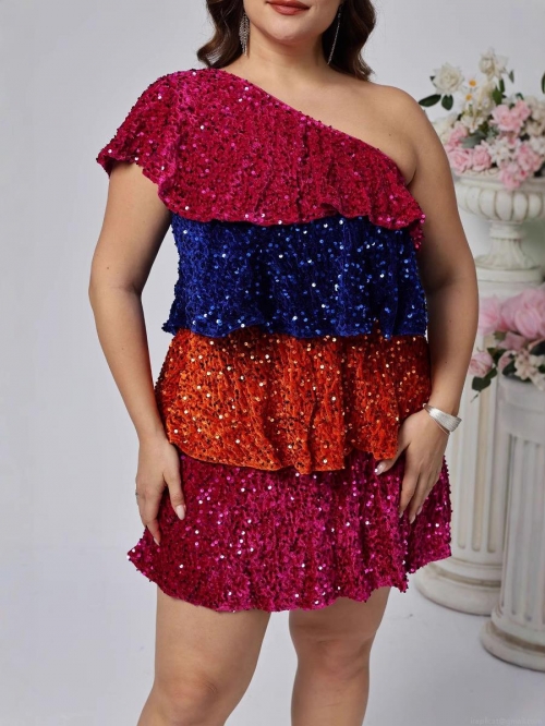 Women's Plus Size One Shoulder Sequin Mini Dress Tiered Ruffle Multicolor Patchwork Party Evening Gown Birthday Celebration Dress