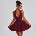 Women Sexy Halter Deep V Neck Mini Dress Polyester Spandex Backless Sleeveless Slim Fit A-Line Pleated Swing Party Banquet Nightclub Dress