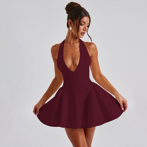 Women Sexy Halter Deep V Neck Mini Dress Polyester Spandex Backless Sleeveless Slim Fit A-Line Pleated Swing Party Banquet Nightclub Dress