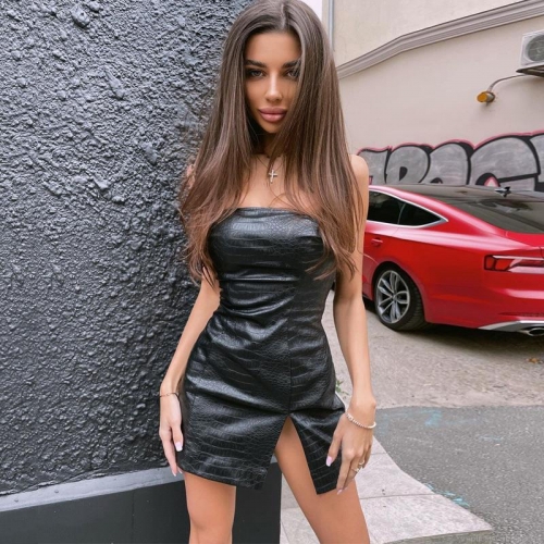 Sexy Black PU Leather Mini Dress Crocodile Embossed Tube Top Side Slit Slim Fit Bodycon Club Party Dress for Women Fashion