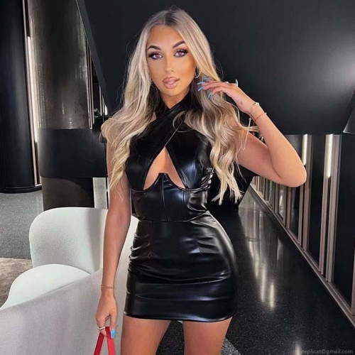 Sexy Halter Neck PU Leather Cut Out Mini Dress Sleeveless Bodycon Party Clubwear For Women Faux Leather Backless Slim Fit Short Dress
