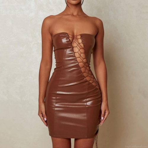 Women Sexy PU Leather Bandeau Mini Dress Lace Up Cut Out Bodycon Strapless Party Clubwear Short Dress For Women