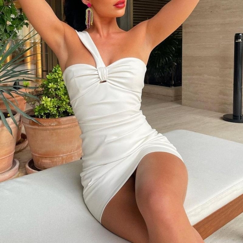 Women's Sexy One Shoulder PU Leather Ruched Mini Dress Sleeveless Bodycon Slim Fit Party Club Dress Faux Leather Short Sundress