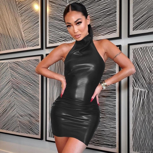 Women's Sexy Halter Neck PU Leather Mini Dress Sleeveless Backless Bodycon Slim Fit Nightclub Party Dress For Women