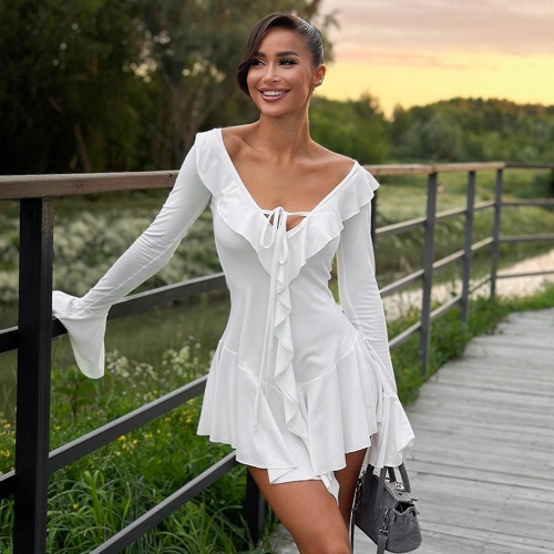Women Sexy Ruffle Mini Dress V-Neck Tie Front Long Bell Sleeve Bodycon Polyester Spandex Slim Fit Short Dress For Summer Casual Party Vacation