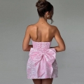 Women's Elegant Strapless Polyester Jacquard Mini Dress With Big Bow Backless Lace-up A-Line Party Banquet Sexy Short Dress