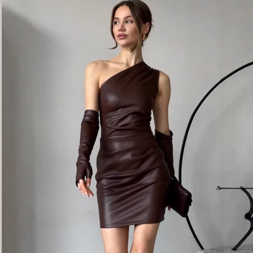 Sexy One Shoulder PU Leather Mini Dress With Separate Sleeves Ruched Slim Fit Bodycon Party Clubwear Dress For Women