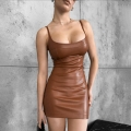Sexy Women PU Leather Bodycon Mini Dress Synthetic Leather Slim Fit Sleeveless Camisole Night Club Party Banquet Dress