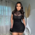 Sexy Lace See-Through Mini Dress For Women Summer Short Sleeve Bodycon Mesh Hollow Out Two-Piece Set Elegant Party Nightclub Slim Fit Dress