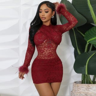 Women's Sexy Wine Red Lace Long Sleeve Mini Dress With Feather Cuffs Cross V Neck Bodycon Polyester Hollow Out Party Club Short Dress