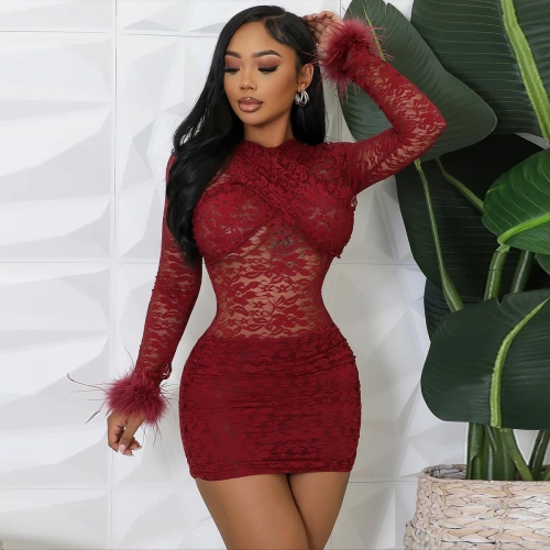 Women's Sexy Wine Red Lace Long Sleeve Mini Dress With Feather Cuffs Cross V Neck Bodycon Polyester Hollow Out Party Club Short Dress