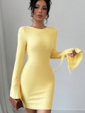 Women's Sexy Backless Long Flare Sleeve Mini Dress Solid Yellow Textured Knit Bodycon Clubwear Party Evening Dress Slim Fit Tie-Up Robe
