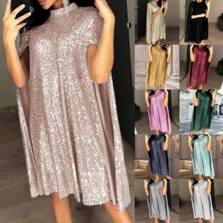 Women's Elegant Sequin Cape Dress Stand Collar Loose Mini Party Evening Sparkly Sleeveless Cloak Dress For Ladies Formal Solid Color Polyester Outfits