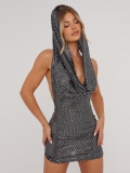 Women's Sexy Hooded Backless Sequin Mini Dress Cowl Neck Sleeveless Bodycon Party Night Club Dress With Sparkly Glitter Beaded