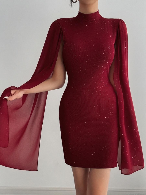 Women's Sparkly Rhinestone Knitted Bodycon Mini Dress With Spliced Chiffon Cape Sleeve High Neck Elegant Party Club Night Out Dress