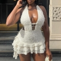 Women Sexy Halter V Neck Backless Mini Dress Layered Ruffle Tassel Bodycon Party Dress With Cross Pendant Apricot White Vacation Clubwear Summer Outfits