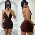 Sexy Bodycon Mini Dress For Women Deep V Cowl Neck Halter Backless Party Nightclub Slim Fit Milk Silk Dresses With Metal Ring Decoration