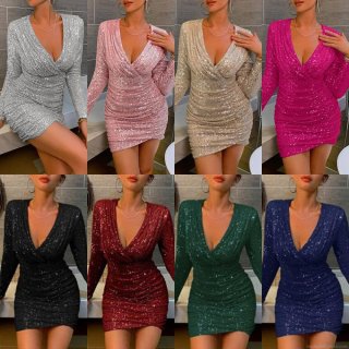 Women Sexy Deep V Neck Sequin Bodycon Mini Dress Long Sleeve Sparkling Party Evening Gown Clubwear Elegant Cocktail Dresses For Party Wedding