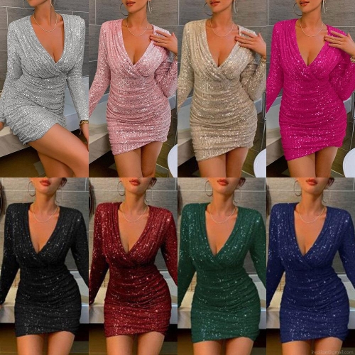 Women Sexy Deep V Neck Sequin Bodycon Mini Dress Long Sleeve Sparkling Party Evening Gown Clubwear Elegant Cocktail Dresses For Party Wedding