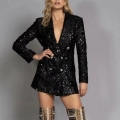 Women Elegant Black Sequin Blazer Dress Double Breasted Metal Buttons Long Sleeve V Neck Slim Fit Mini Dress for Evening Party Clubwear