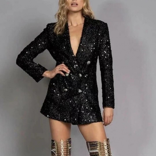 Women Elegant Black Sequin Blazer Dress Double Breasted Metal Buttons Long Sleeve V Neck Slim Fit Mini Dress for Evening Party Clubwear