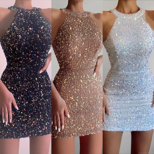 Women's Sexy Sequin Halter Neck Mini Dress Sparkly Backless Bodycon Party Evening Dress Glamorous Shiny Cocktail Clubwear Dress For Ladies