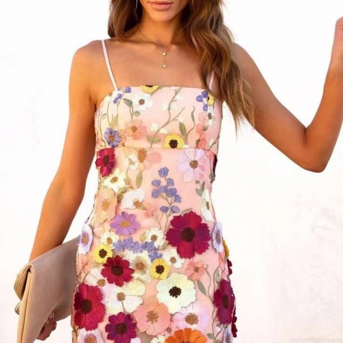 Women's 3D Floral Embroidered Mini Slip Dress Mesh Splicing Slim Fit Sexy Elegant Bodycon Party Dress Polyester Cotton Sequin Applique Summer Dress