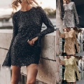 Sexy Backless Sequin Mini Dress Women Long Flare Sleeve Round Neck Bodycon Party Clubwear Elegant Glitter Short Dress Night Out